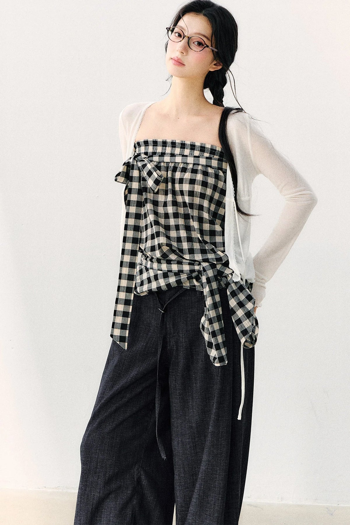 Washed Plaid Tube Top With Bow