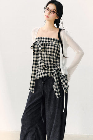Washed Plaid Tube Top With Bow