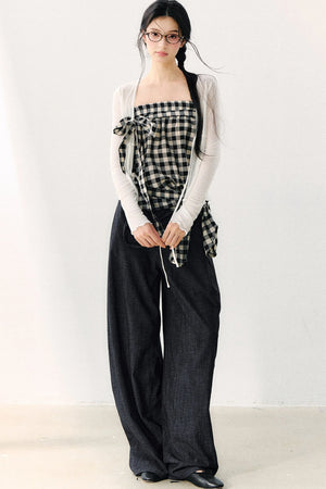 Washed Plaid Tube Top With Bow