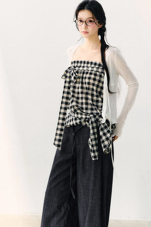 Washed Plaid Tube Top With Bow