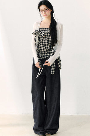 Washed Plaid Tube Top With Bow