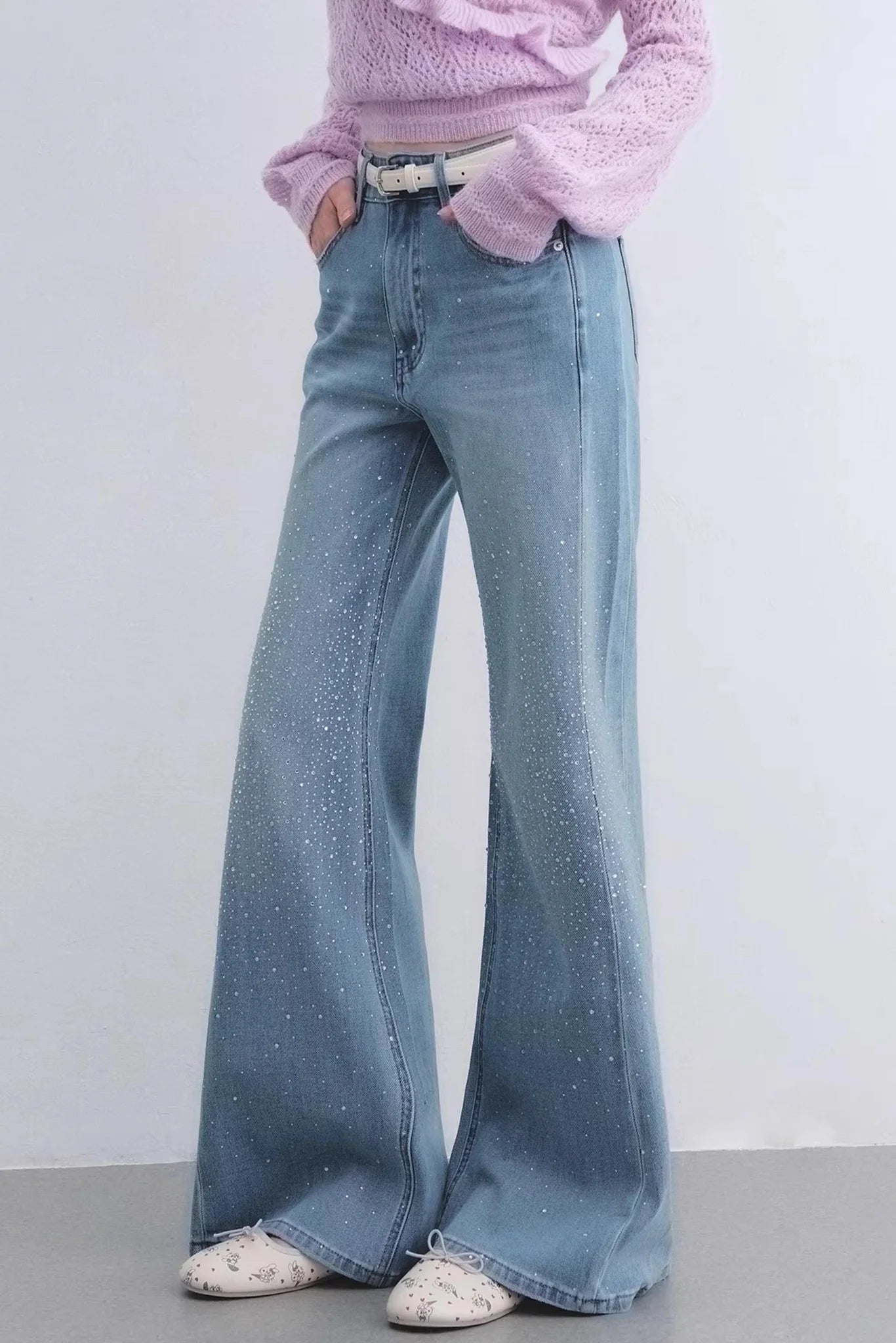 Washed Rhinestone Flared Pants