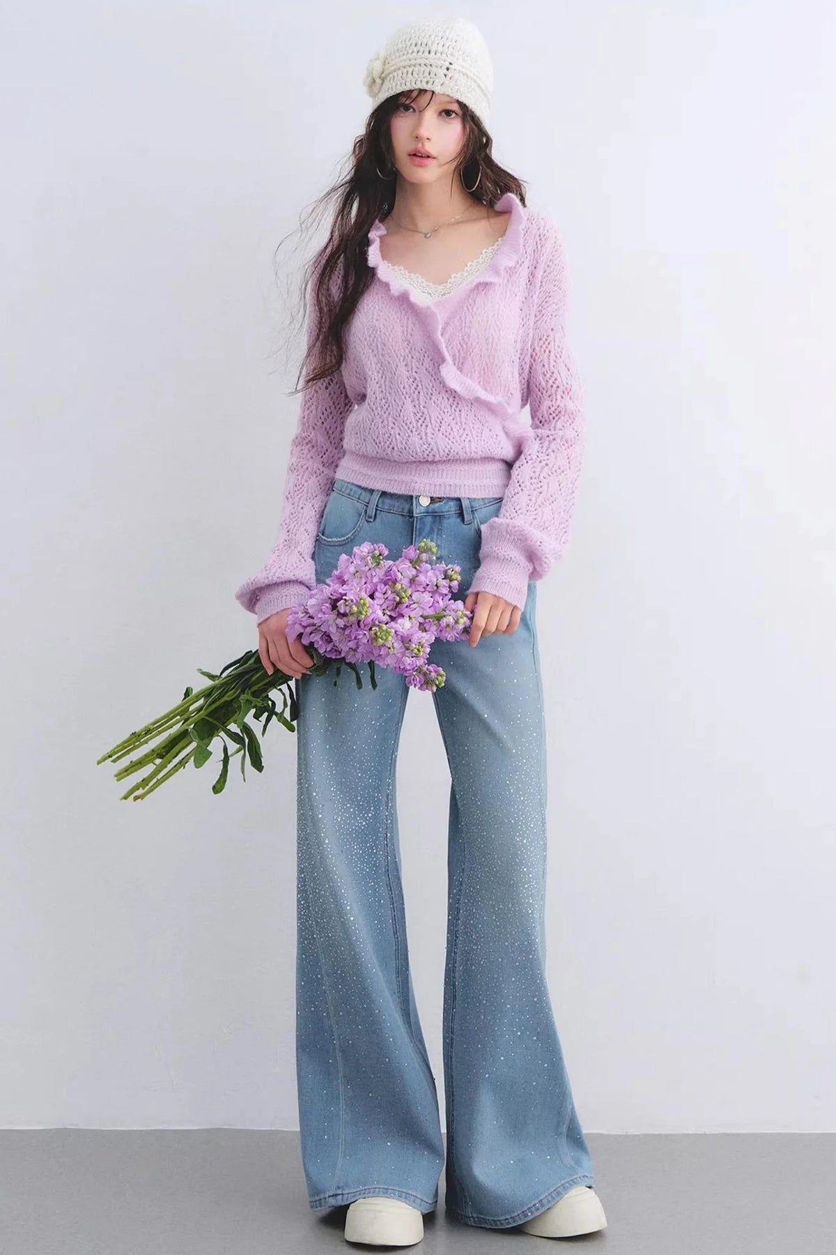 Washed Rhinestone Flared Pants
