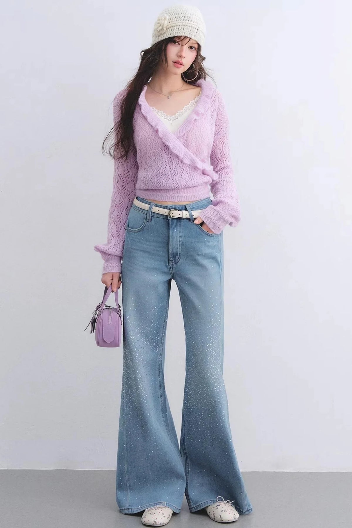 Washed Rhinestone Flared Pants