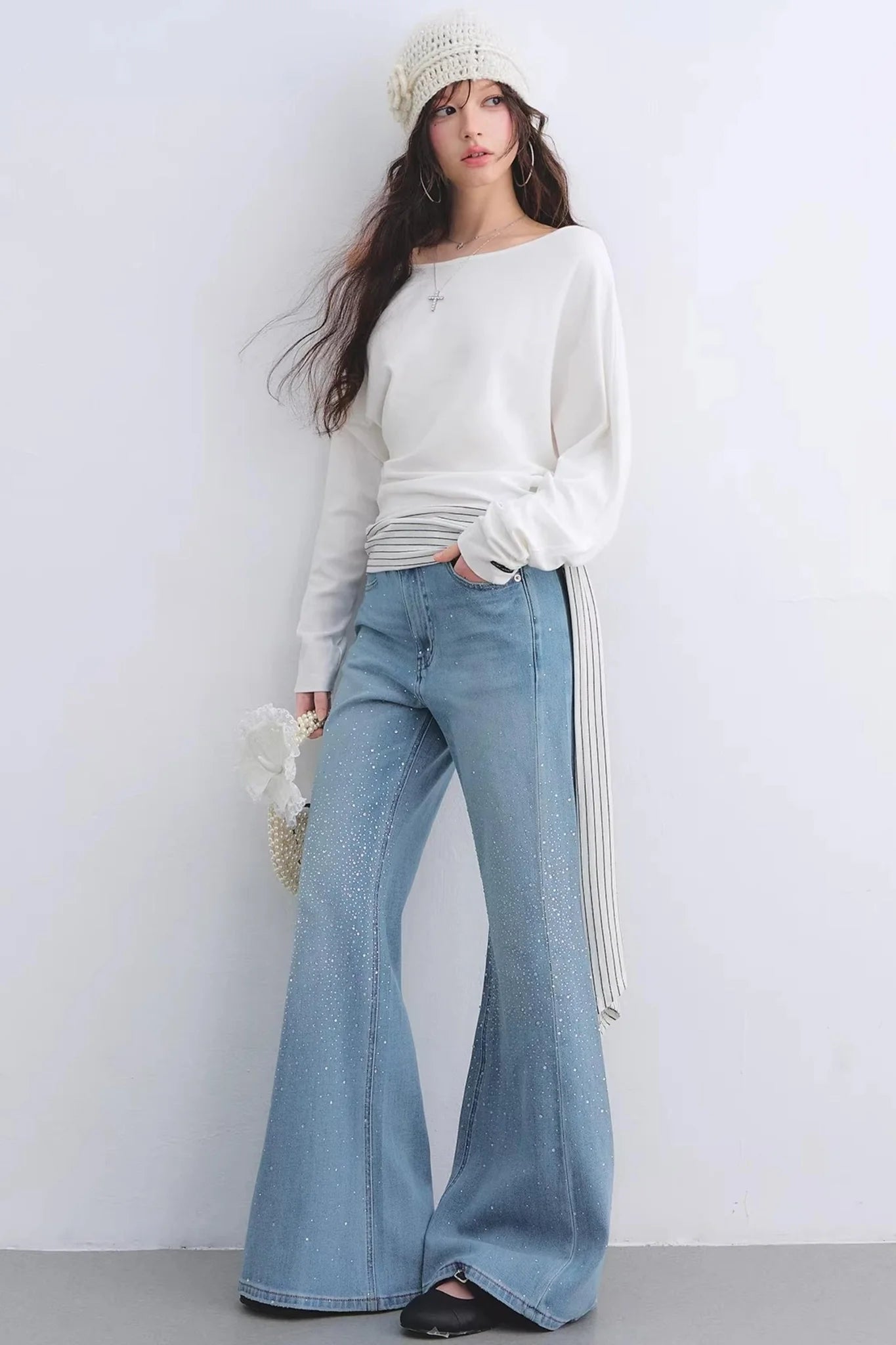 Washed Rhinestone Flared Pants
