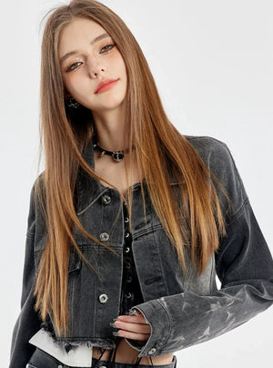 Washed Short Denim Jacket And Long Slim Pants Set-Up