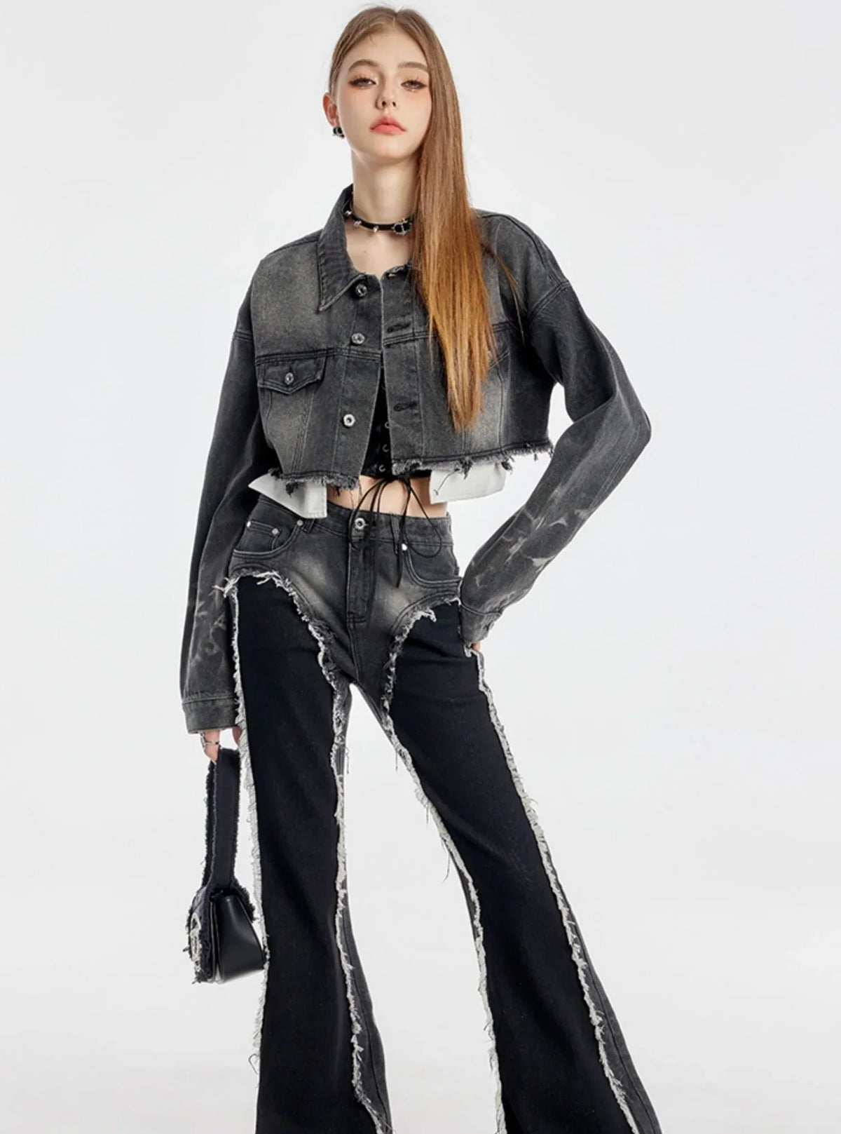 Washed Short Denim Jacket And Long Slim Pants Set-Up