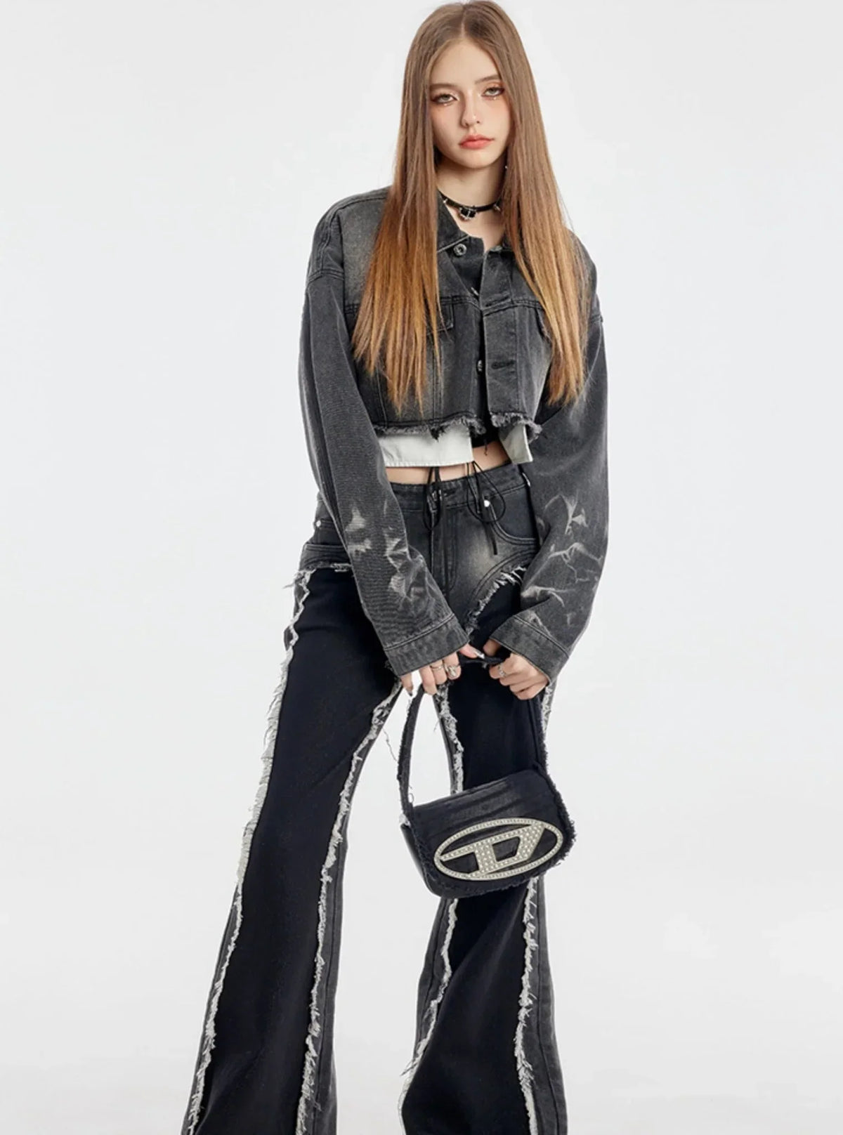Washed Short Denim Jacket And Long Slim Pants Set-Up