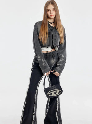 Washed Short Denim Jacket And Long Slim Pants Set-Up