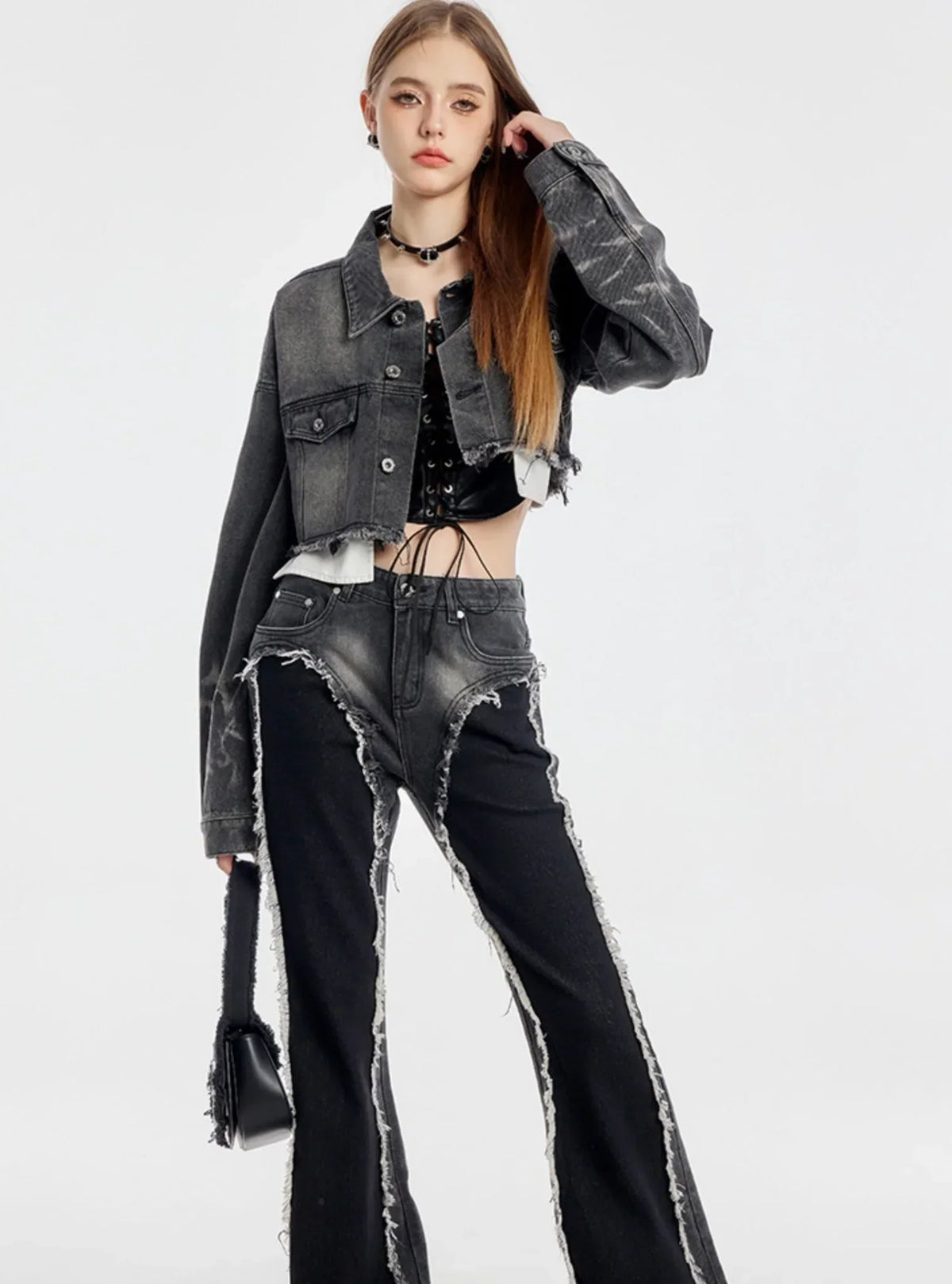 Washed Short Denim Jacket And Long Slim Pants Set-Up
