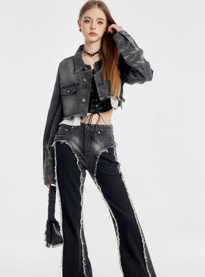 Washed Short Denim Jacket And Long Slim Pants Set-Up