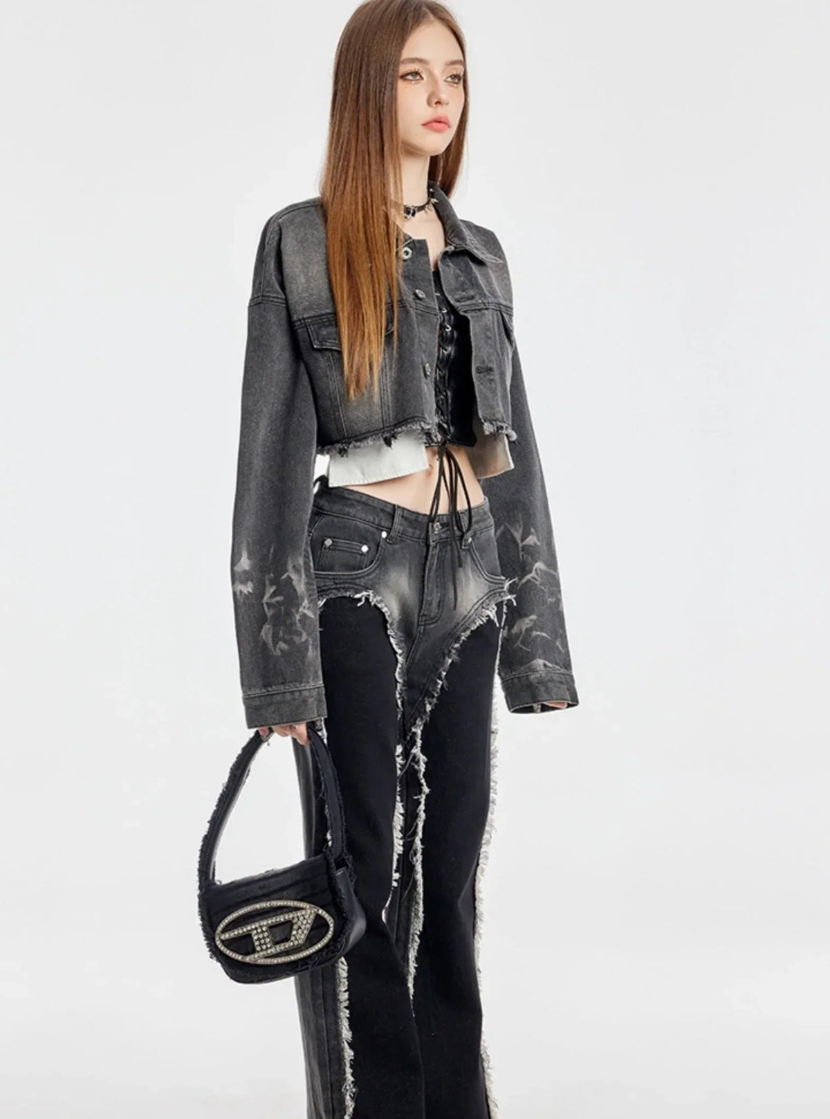 Washed Short Denim Jacket And Long Slim Pants Set-Up