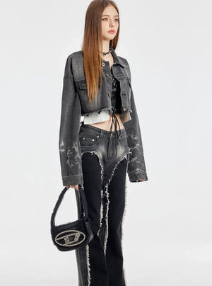 Washed Short Denim Jacket And Long Slim Pants Set-Up