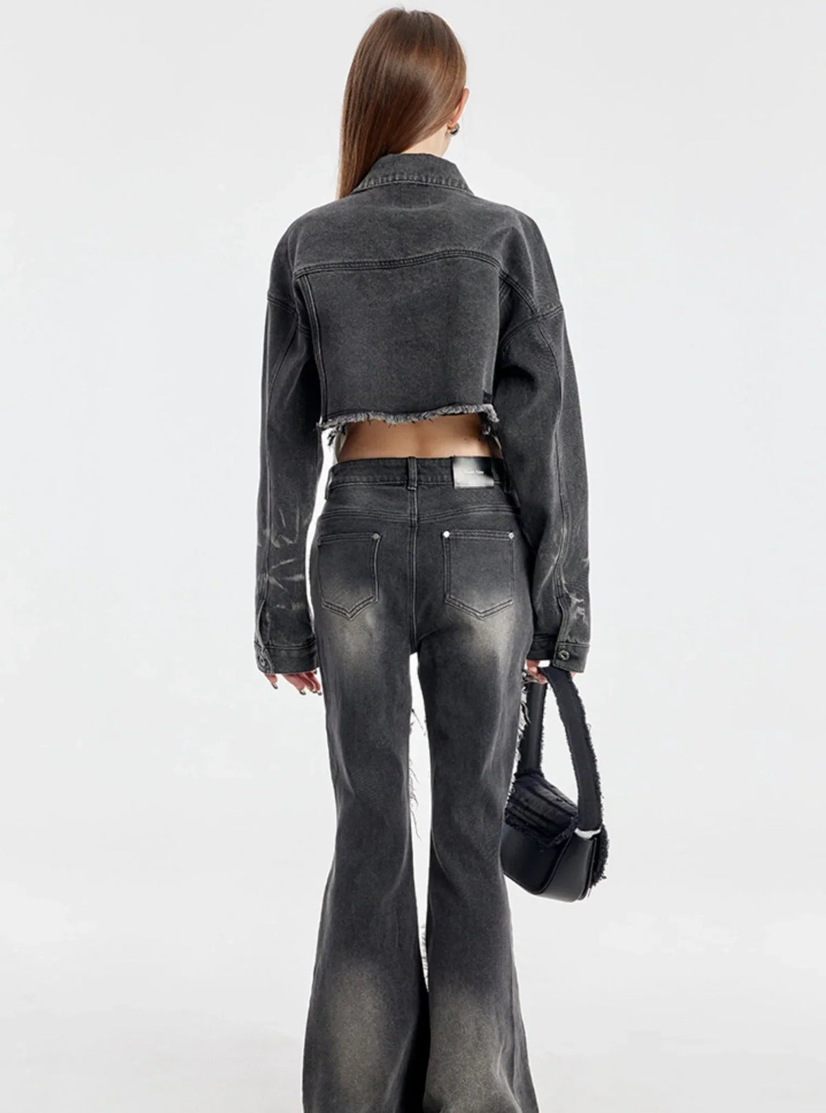Washed Short Denim Jacket And Long Slim Pants Set-Up