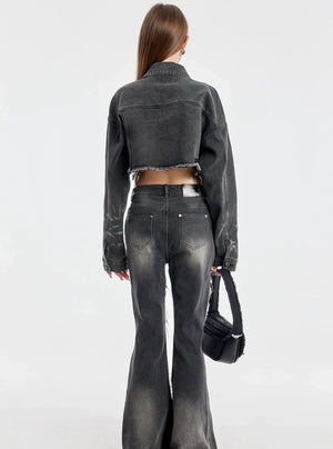 Washed Short Denim Jacket And Long Slim Pants Set-Up
