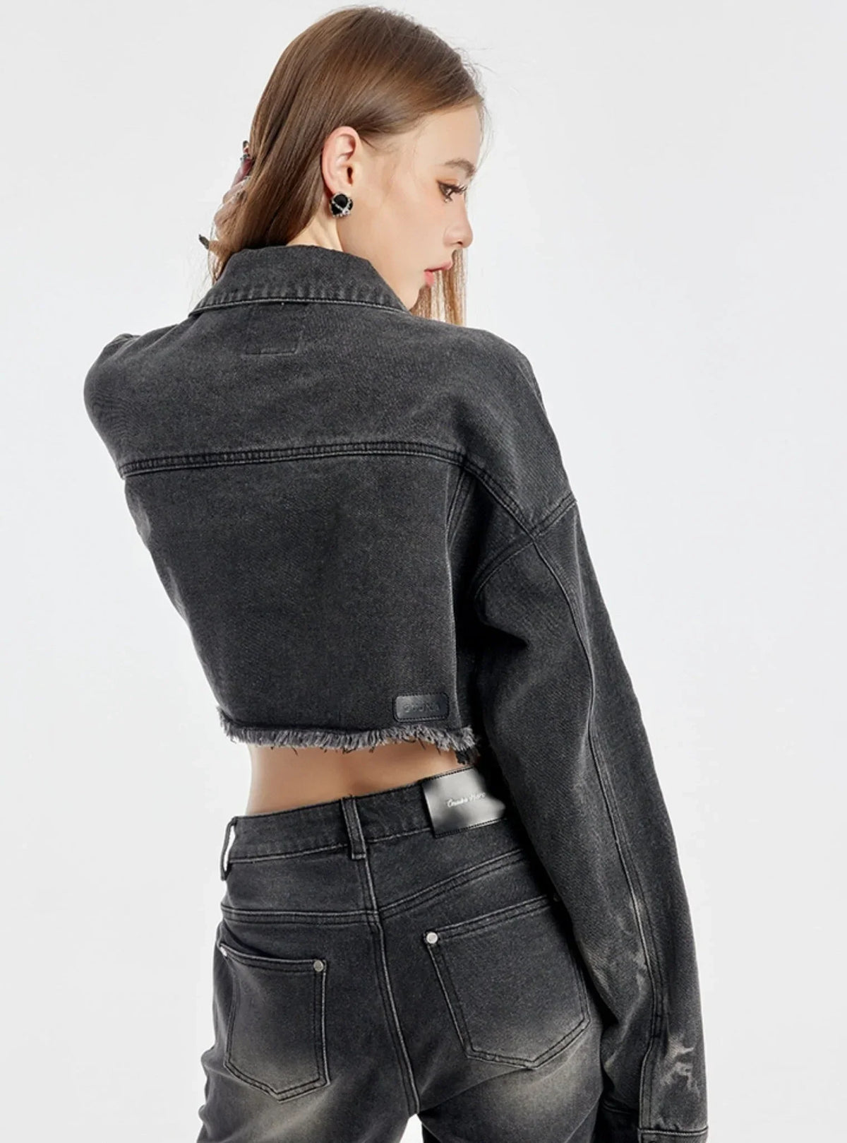 Washed Short Denim Jacket And Long Slim Pants Set-Up