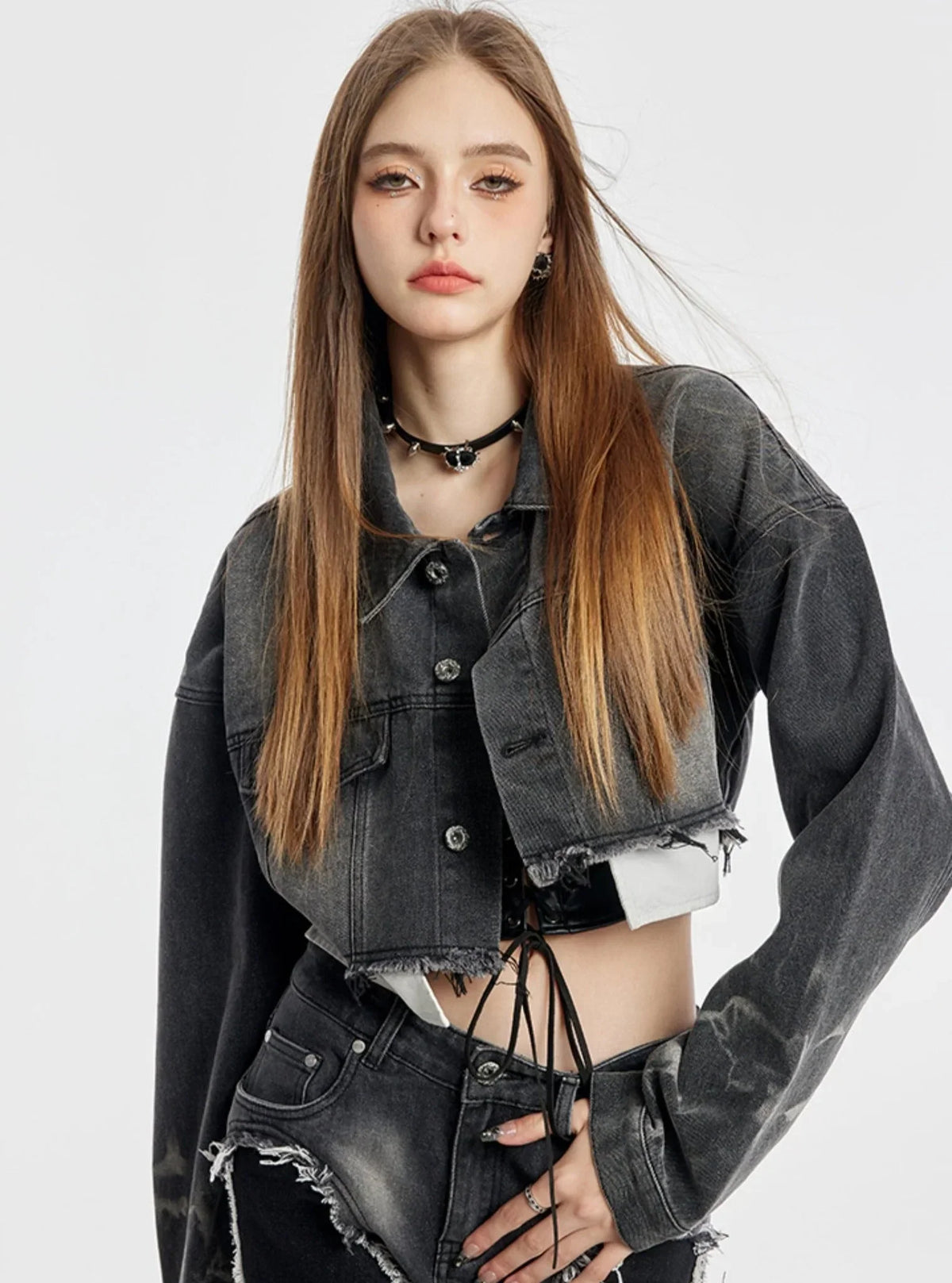 Washed Short Denim Jacket And Long Slim Pants Set-Up