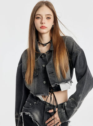 Washed Short Denim Jacket And Long Slim Pants Set-Up