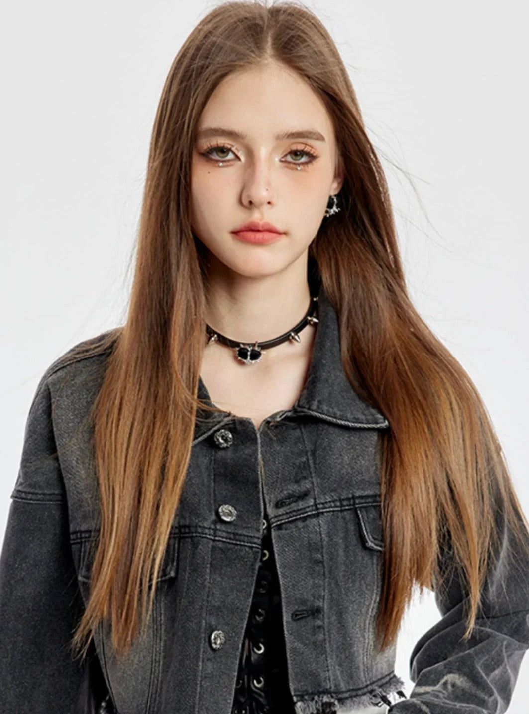 Washed Short Denim Jacket And Long Slim Pants Set-Up