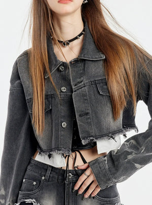 Washed Short Denim Jacket And Long Slim Pants Set-Up