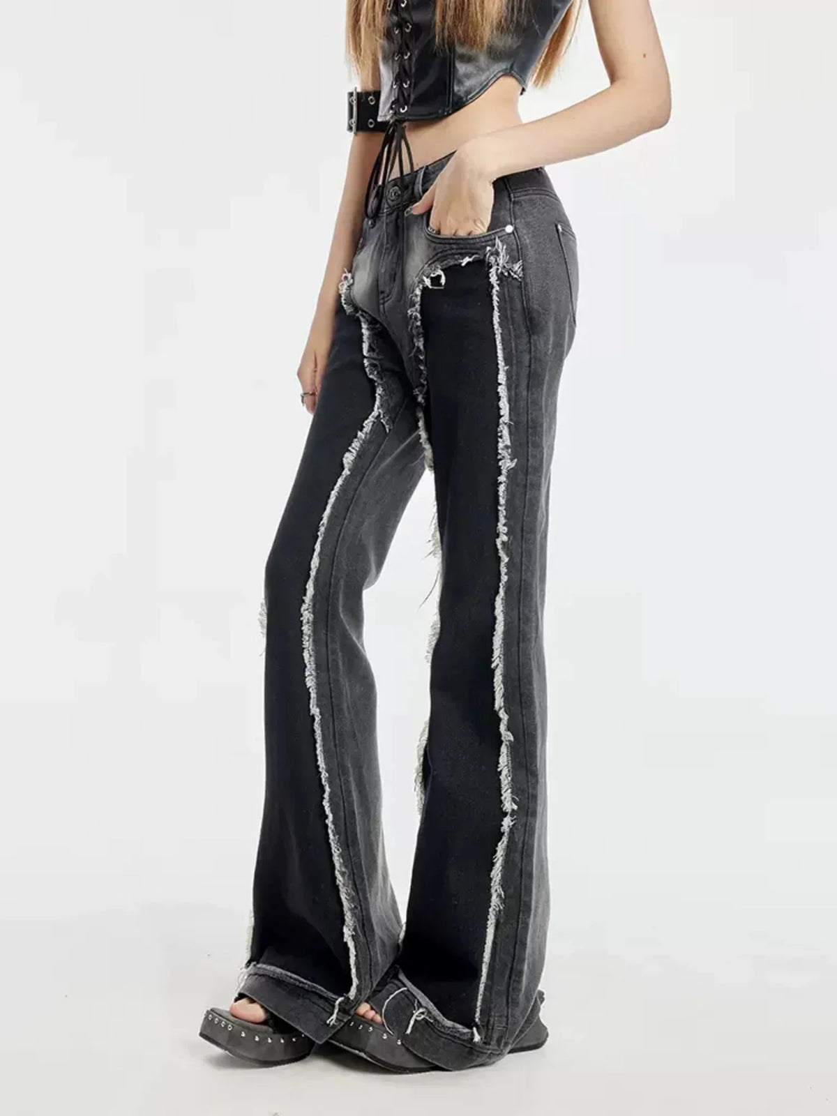 Washed Short Denim Jacket And Long Slim Pants Set-Up