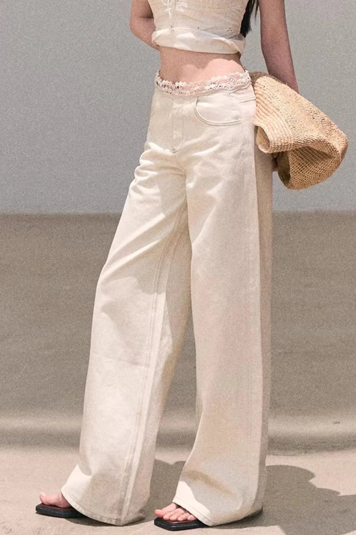 Washed Wide-Leg Lace Pants