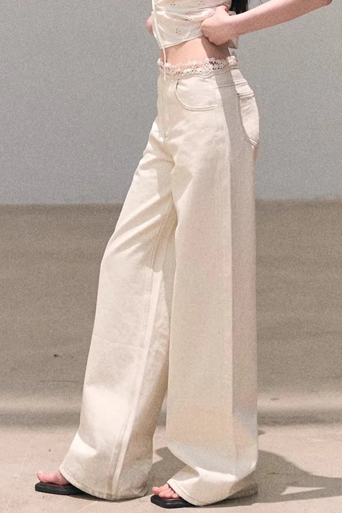 Washed Wide-Leg Lace Pants