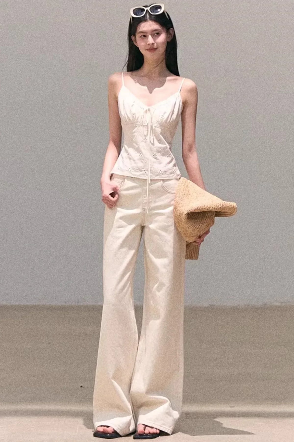 Washed Wide-Leg Lace Pants