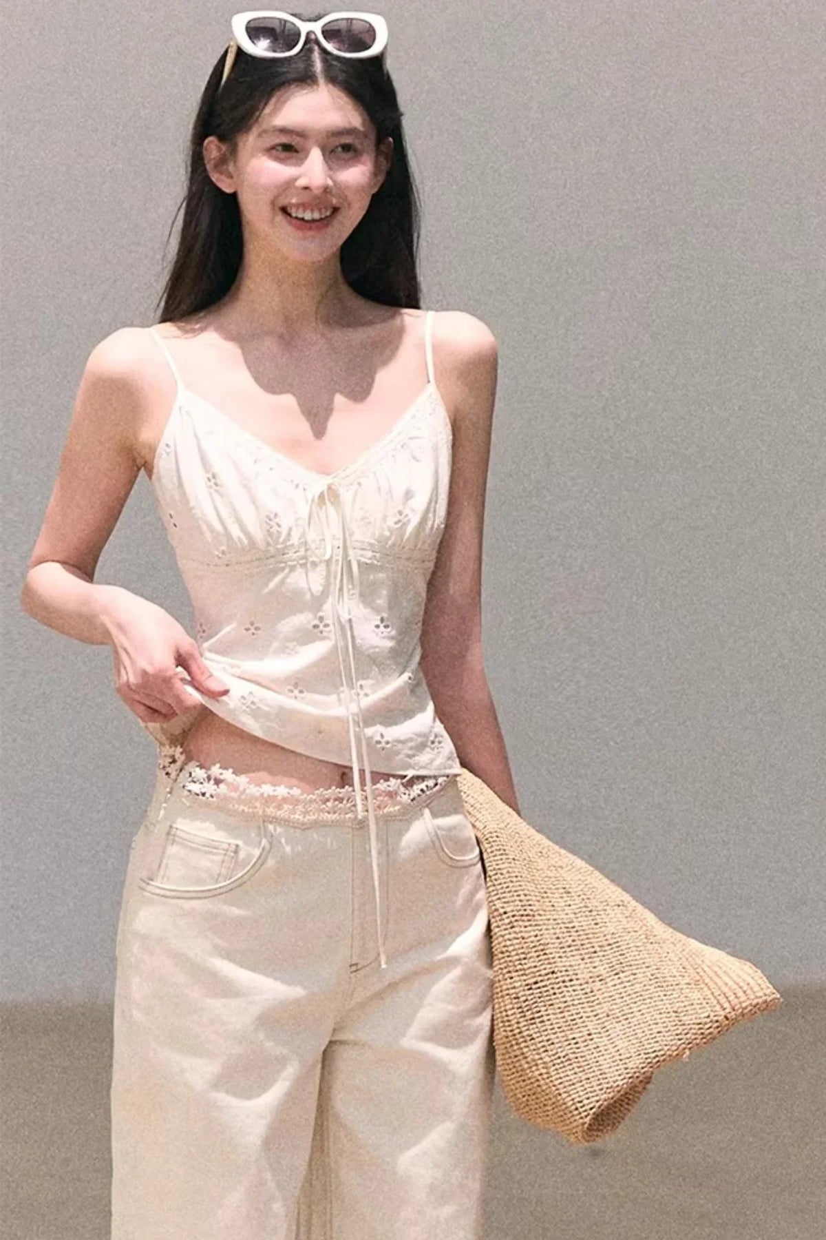 Washed Wide-Leg Lace Pants