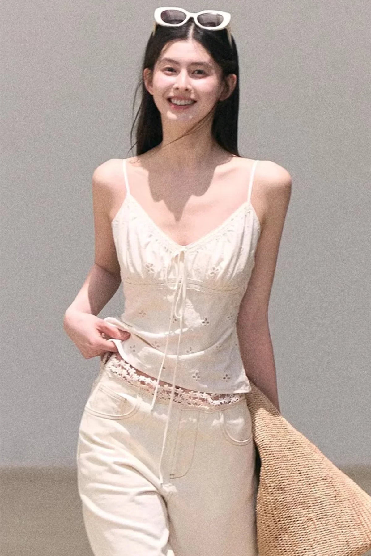 Washed Wide-Leg Lace Pants