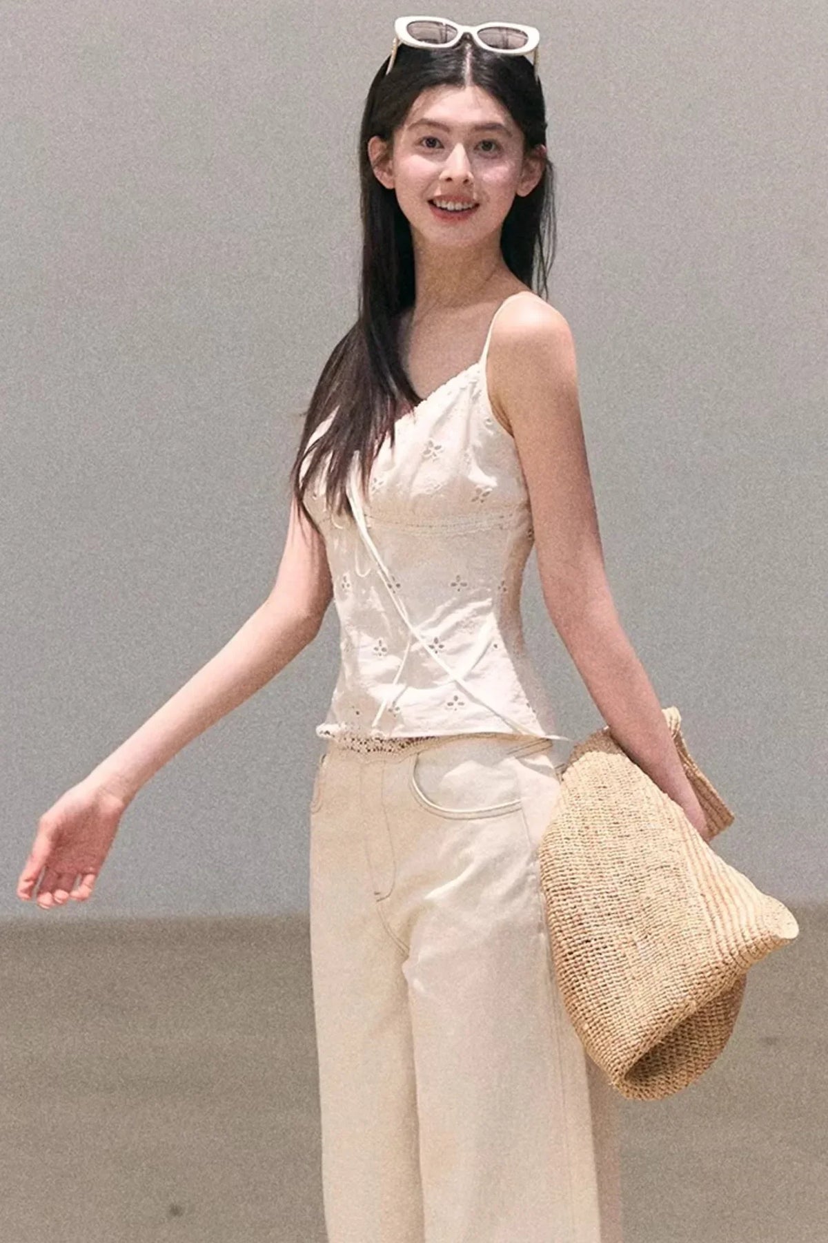 Washed Wide-Leg Lace Pants
