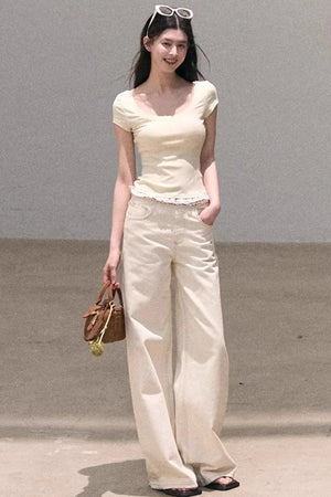 Washed Wide-Leg Lace Pants