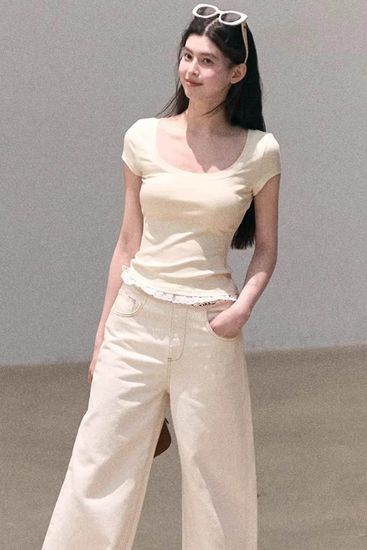 Washed Wide-Leg Lace Pants