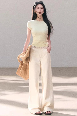 Washed Wide-Leg Lace Pants
