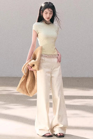 Washed Wide-Leg Lace Pants