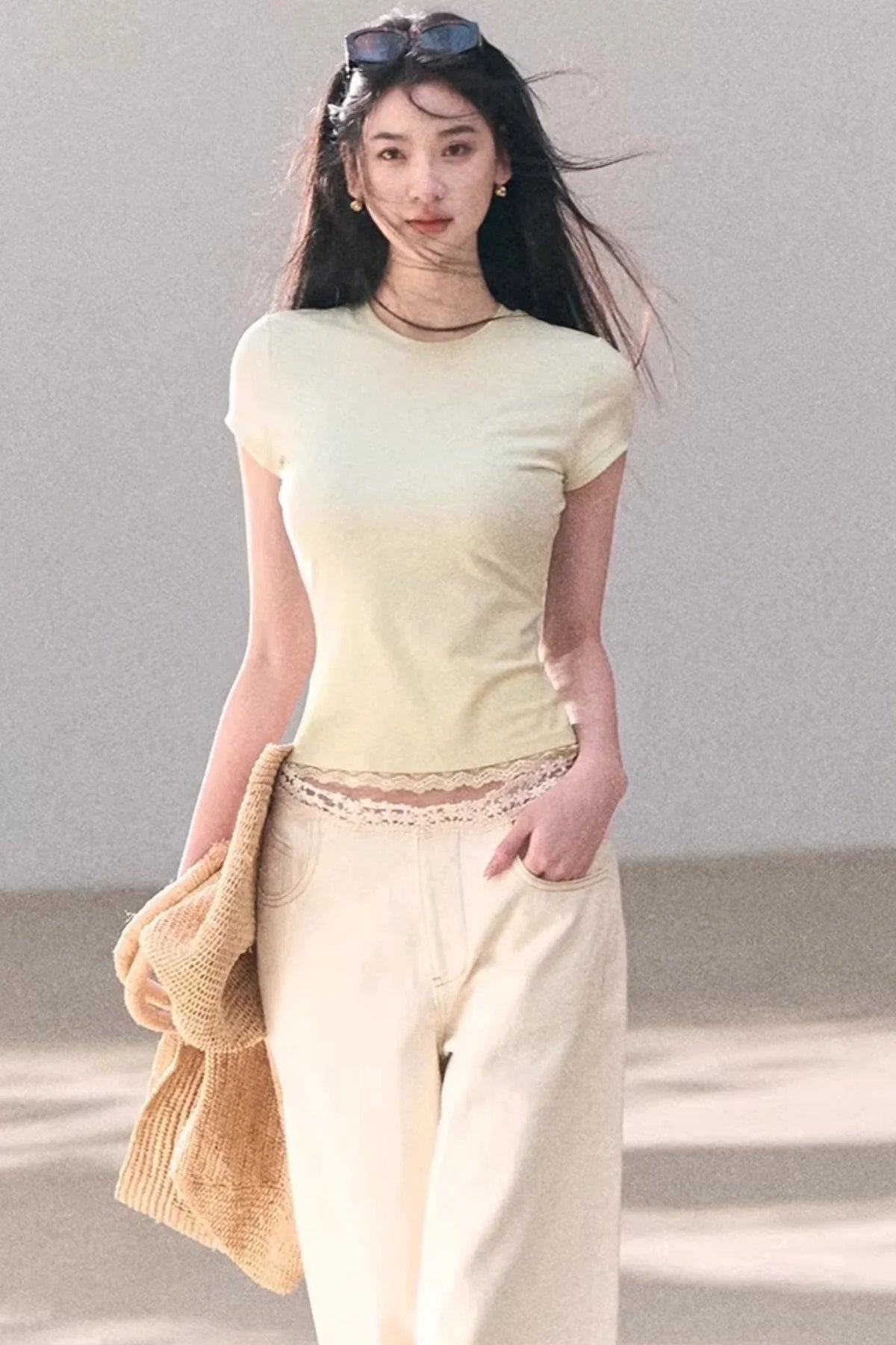 Washed Wide-Leg Lace Pants