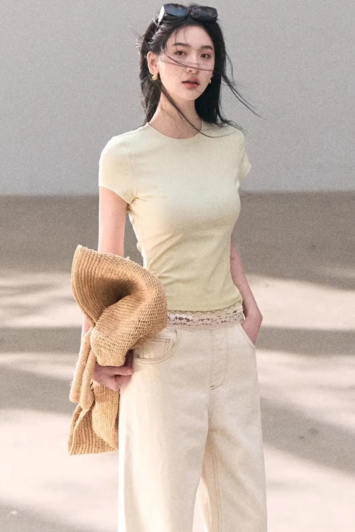 Washed Wide-Leg Lace Pants