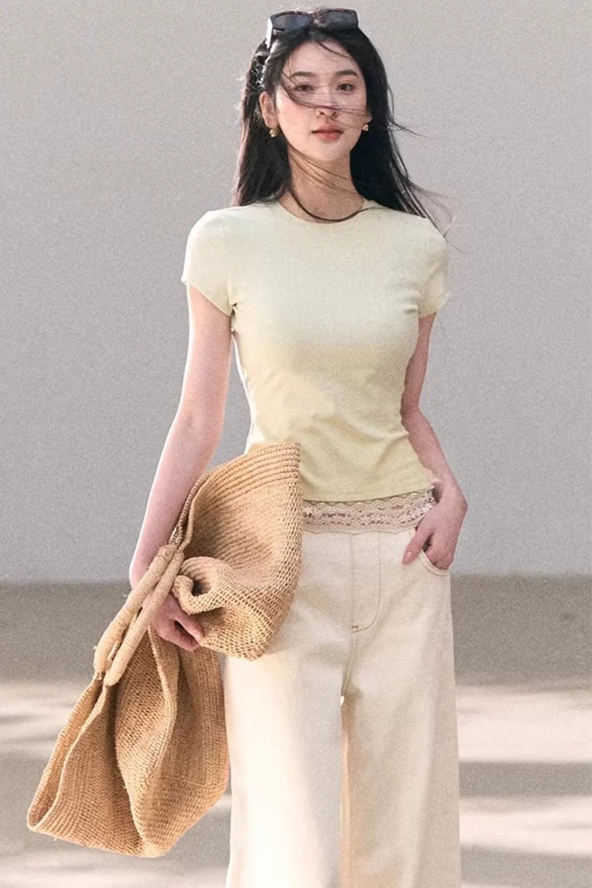Washed Wide-Leg Lace Pants