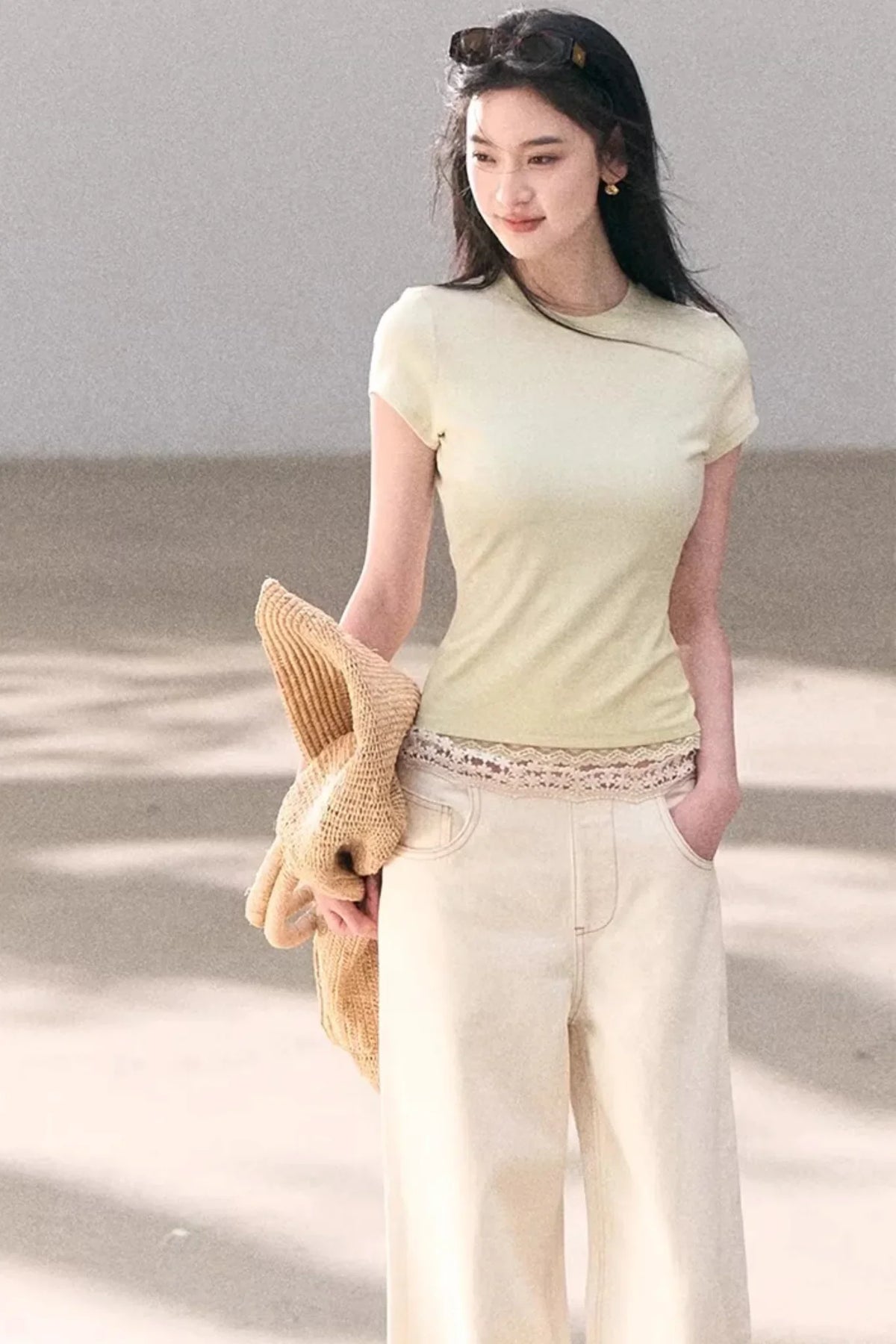 Washed Wide-Leg Lace Pants