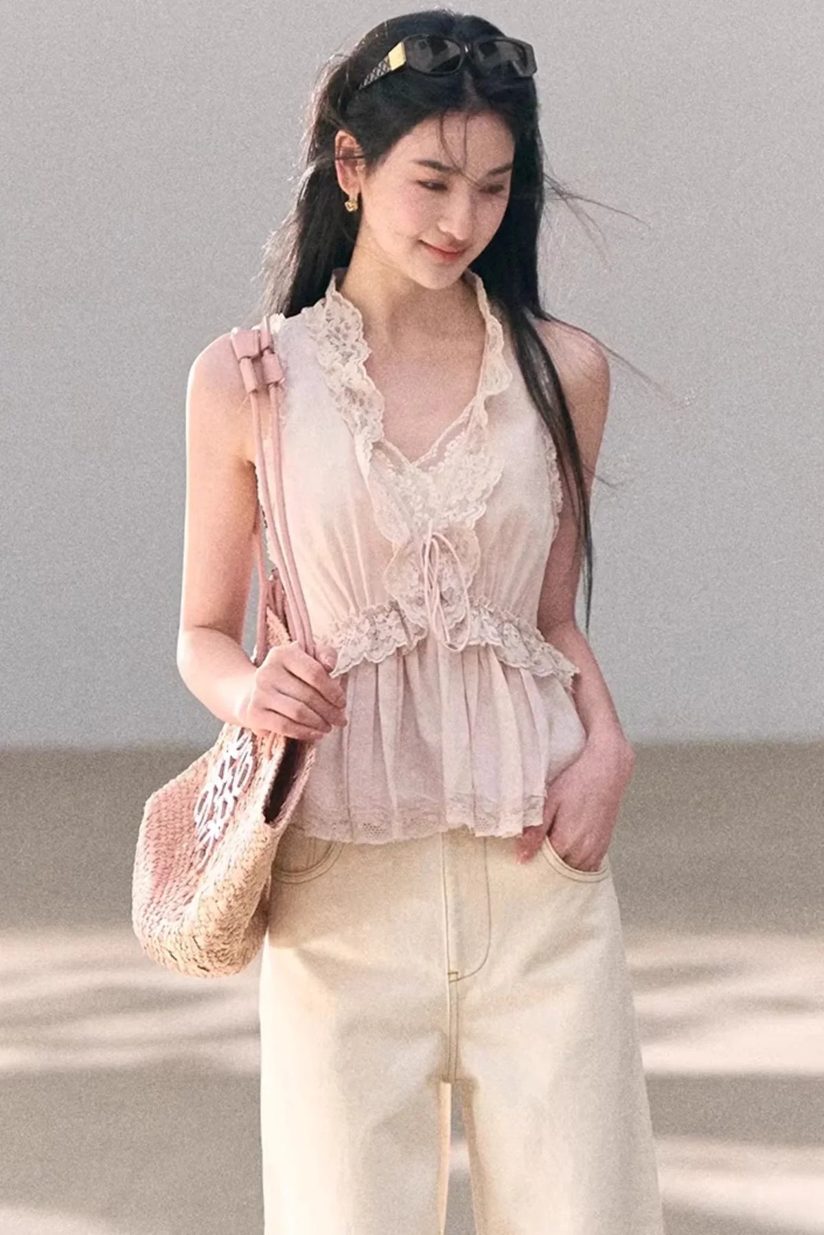 Washed Wide-Leg Lace Pants