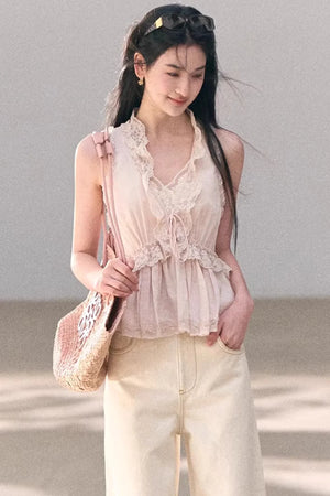 Washed Wide-Leg Lace Pants