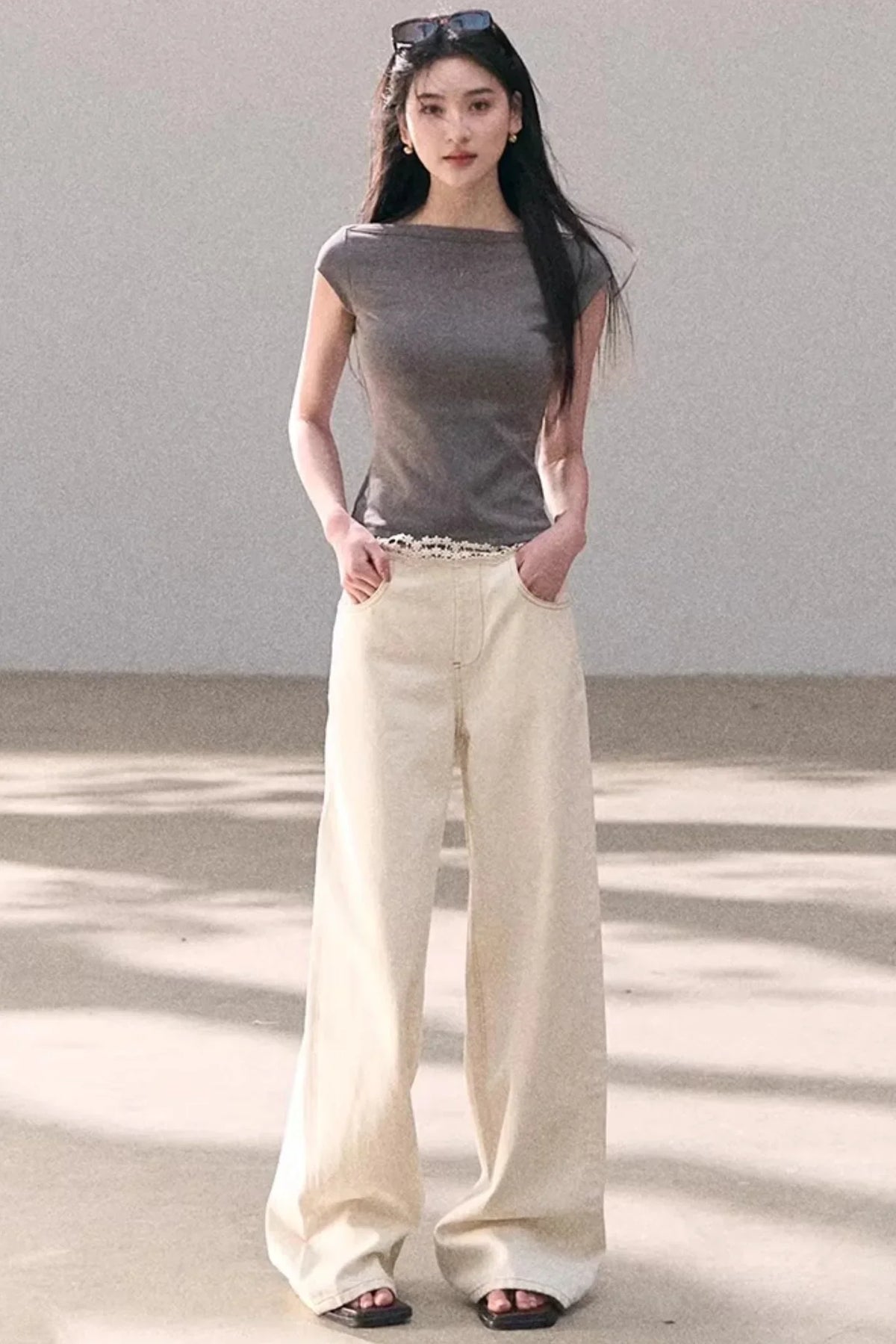 Washed Wide-Leg Lace Pants