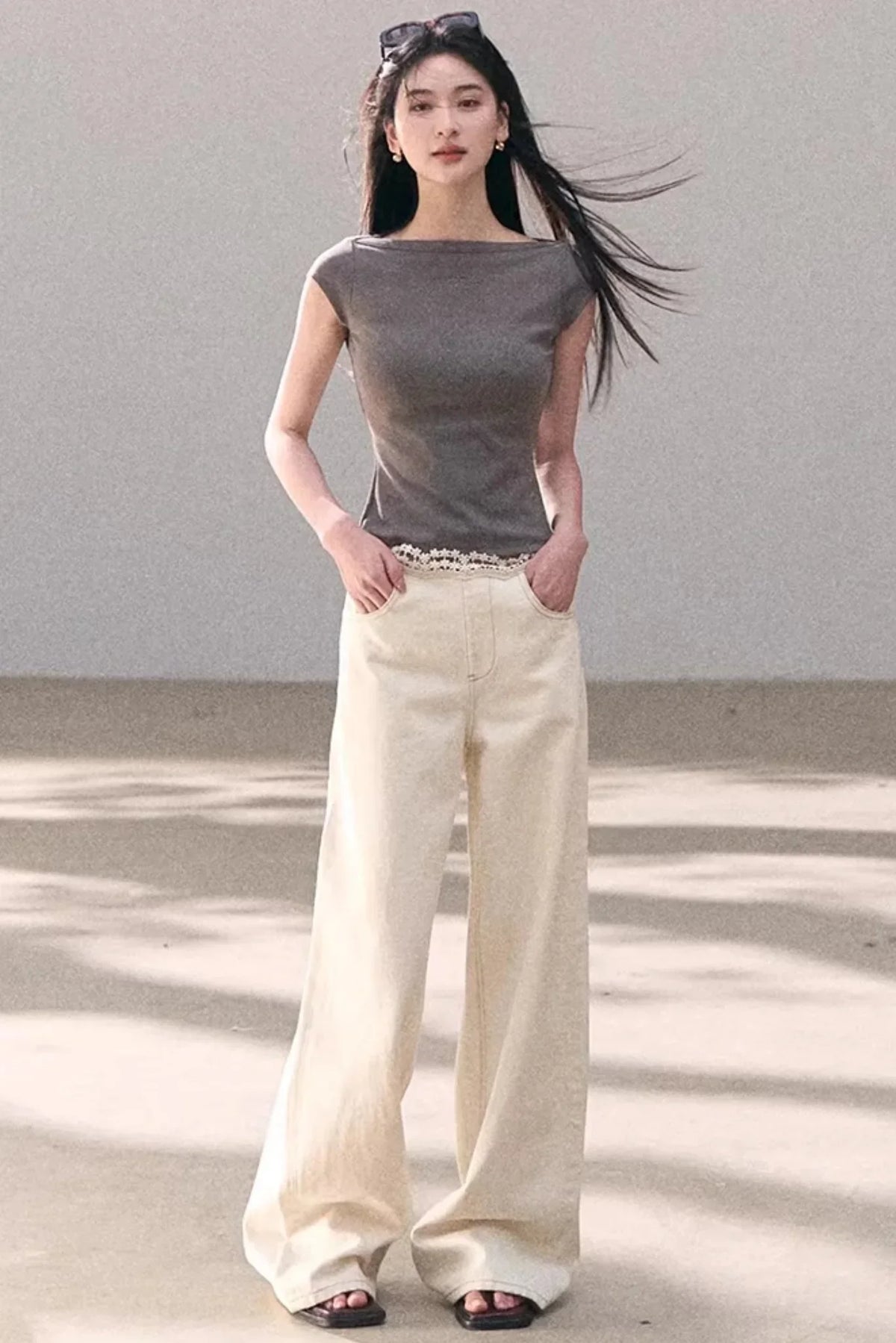 Washed Wide-Leg Lace Pants