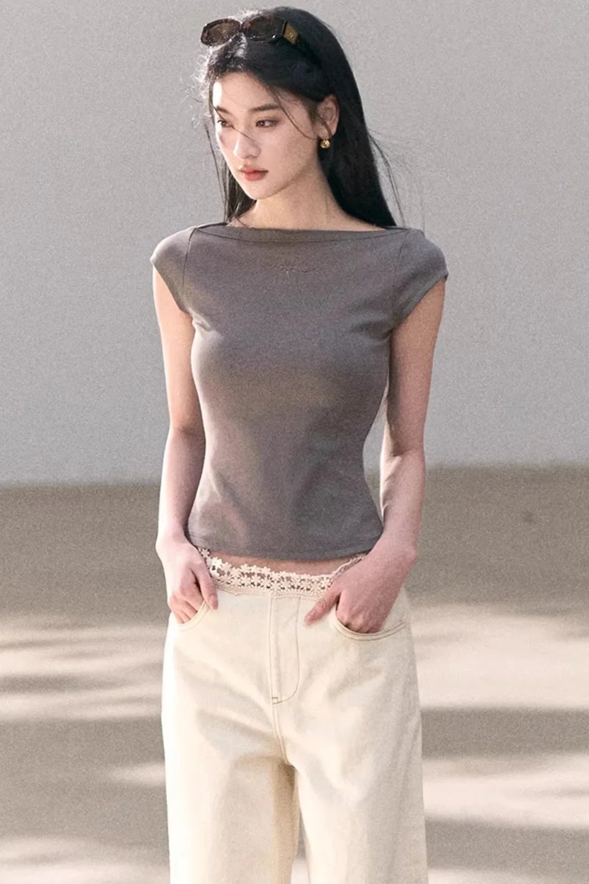 Washed Wide-Leg Lace Pants
