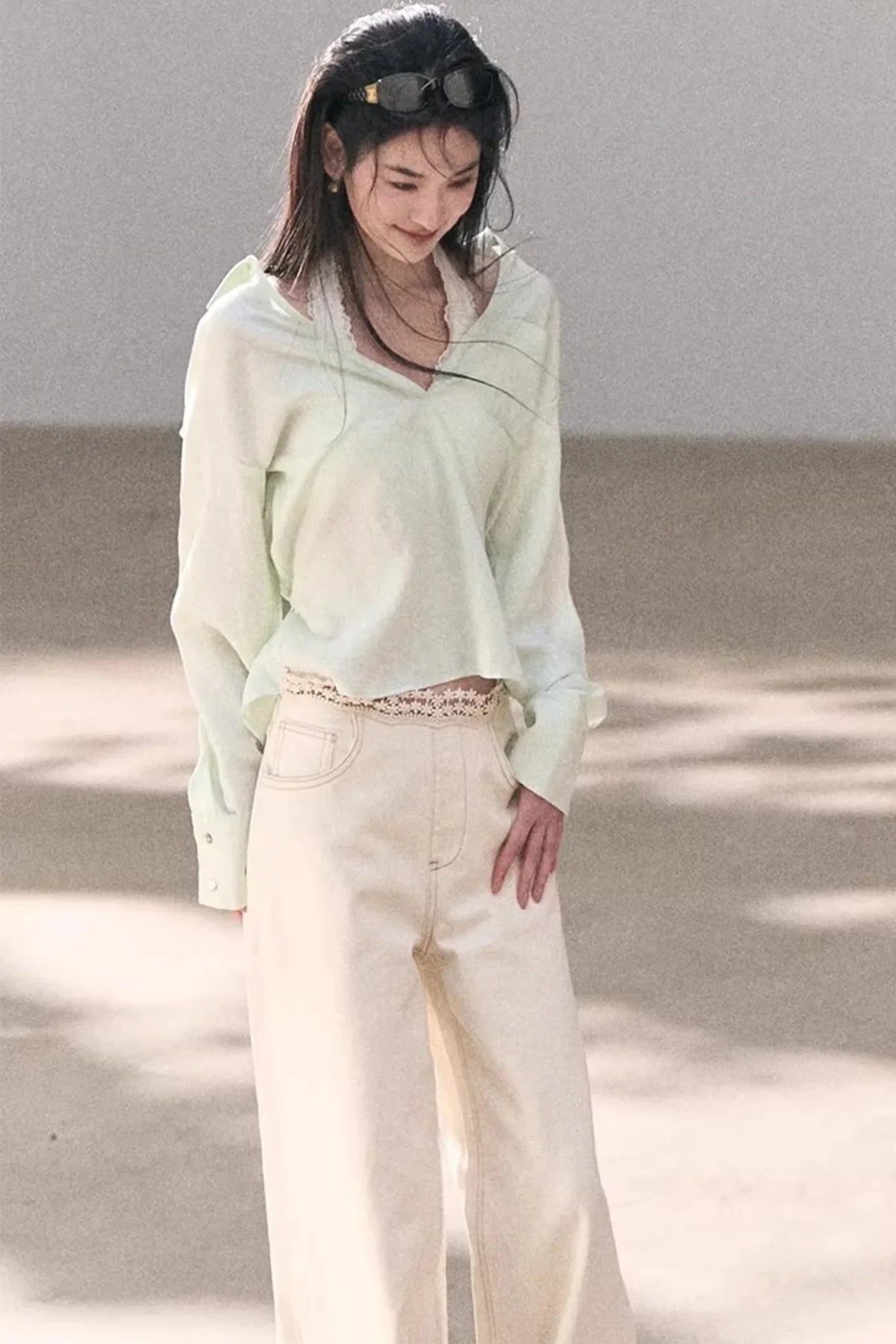 Washed Wide-Leg Lace Pants