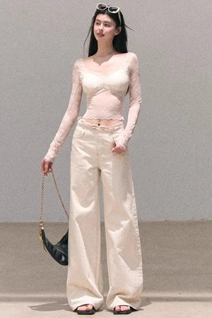 Washed Wide-Leg Lace Pants