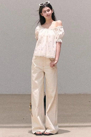 Washed Wide-Leg Lace Pants