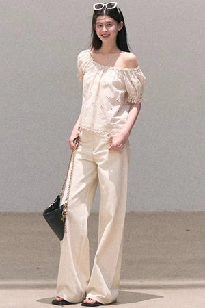 Washed Wide-Leg Lace Pants