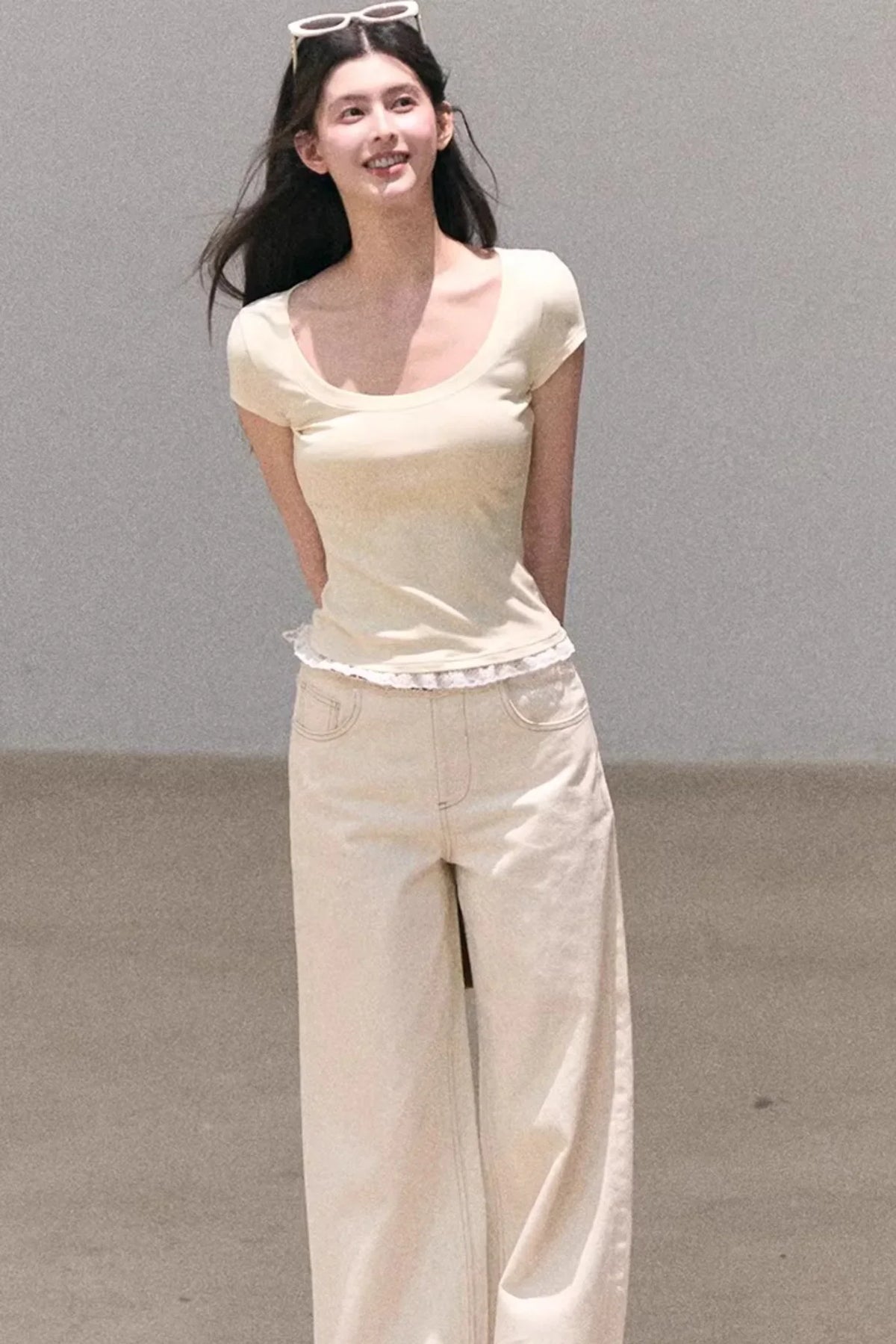 Washed Wide-Leg Lace Pants