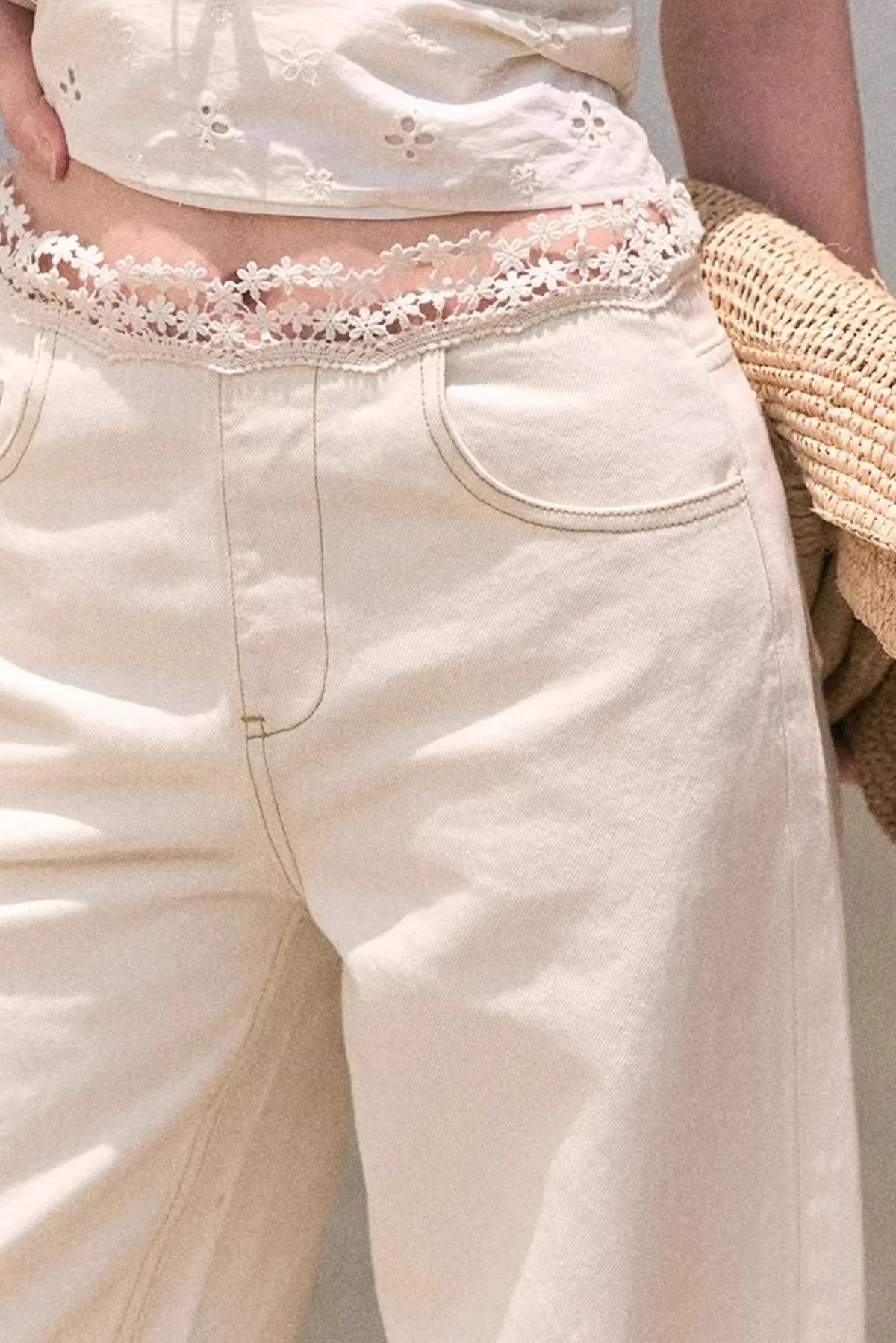 Washed Wide-Leg Lace Pants
